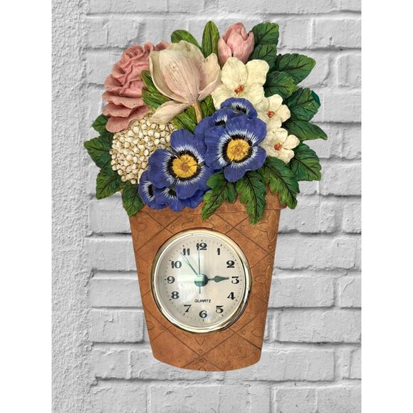 Wall Clock In Flower Pot Design With Multicolor Flowers Decorative Timepiece - Picture 2 of 7